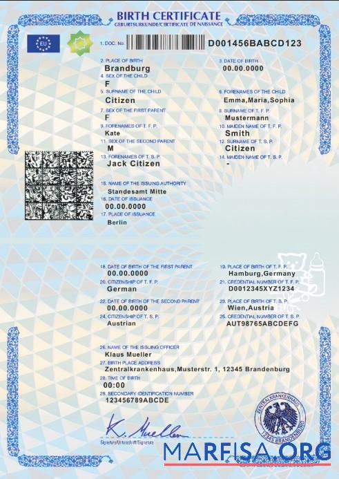 Printable Germany birth certificate template in PSD format